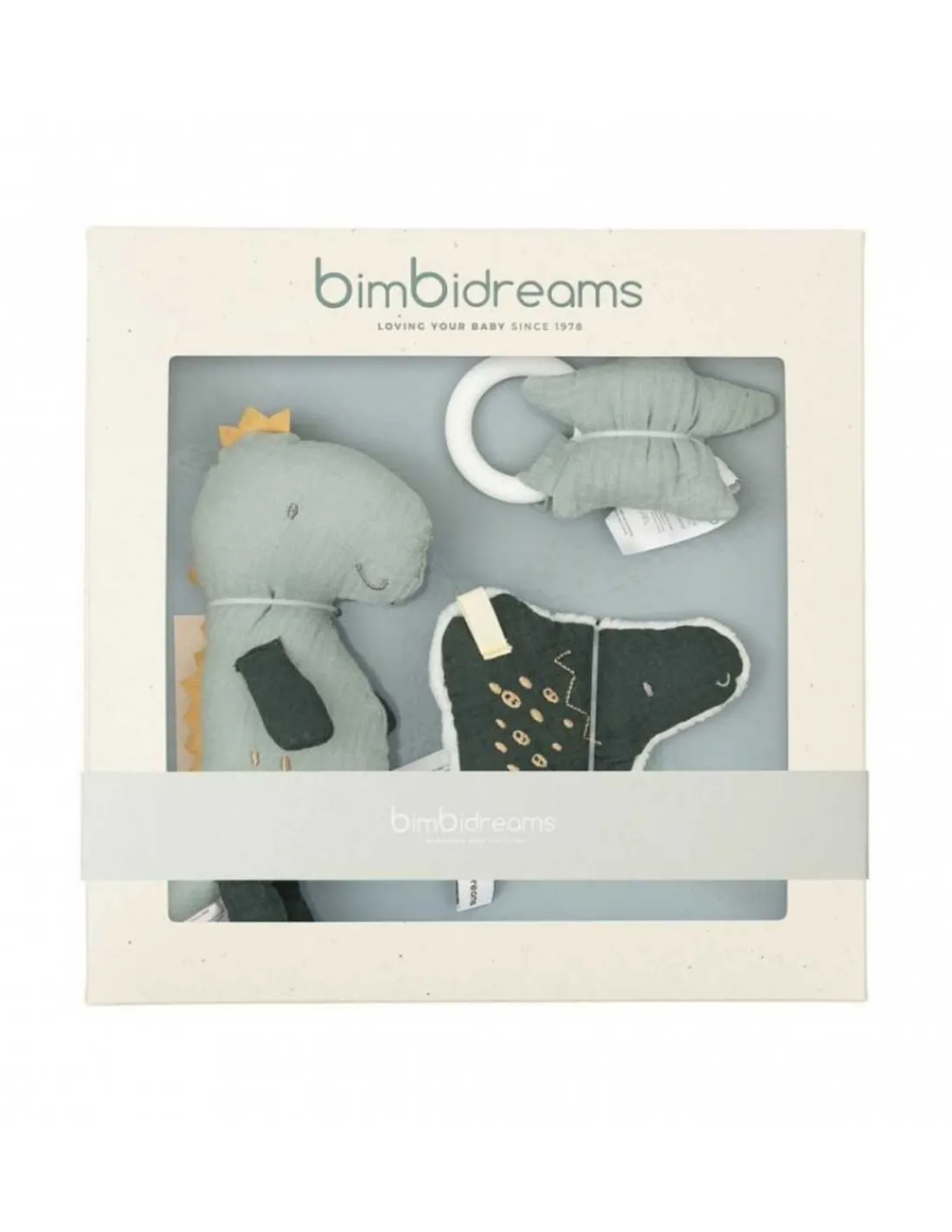 Bimbidreams Caja regalo Jurasic | Pack de 3 Peluches Sonajero de