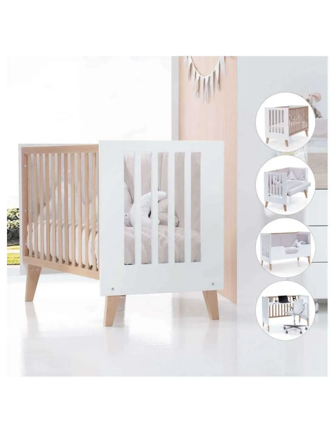 Alondra Cuna colecho madera y blanco 4 en 1 NEXOR 60x120cm de