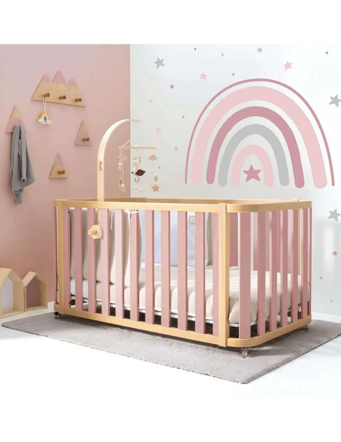 Alondra Cuna Colecho y Cama CREA PLUS DUE (3 en 1) Madera/Rosa 70x140cm de