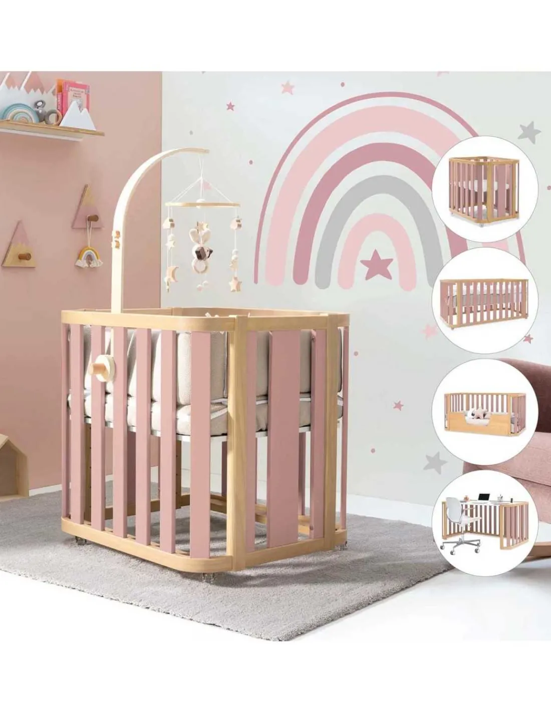 Alondra Minicuna Colecho evolutiva CREA PLUS TRE (4 en 1) Madera/Rosa de
