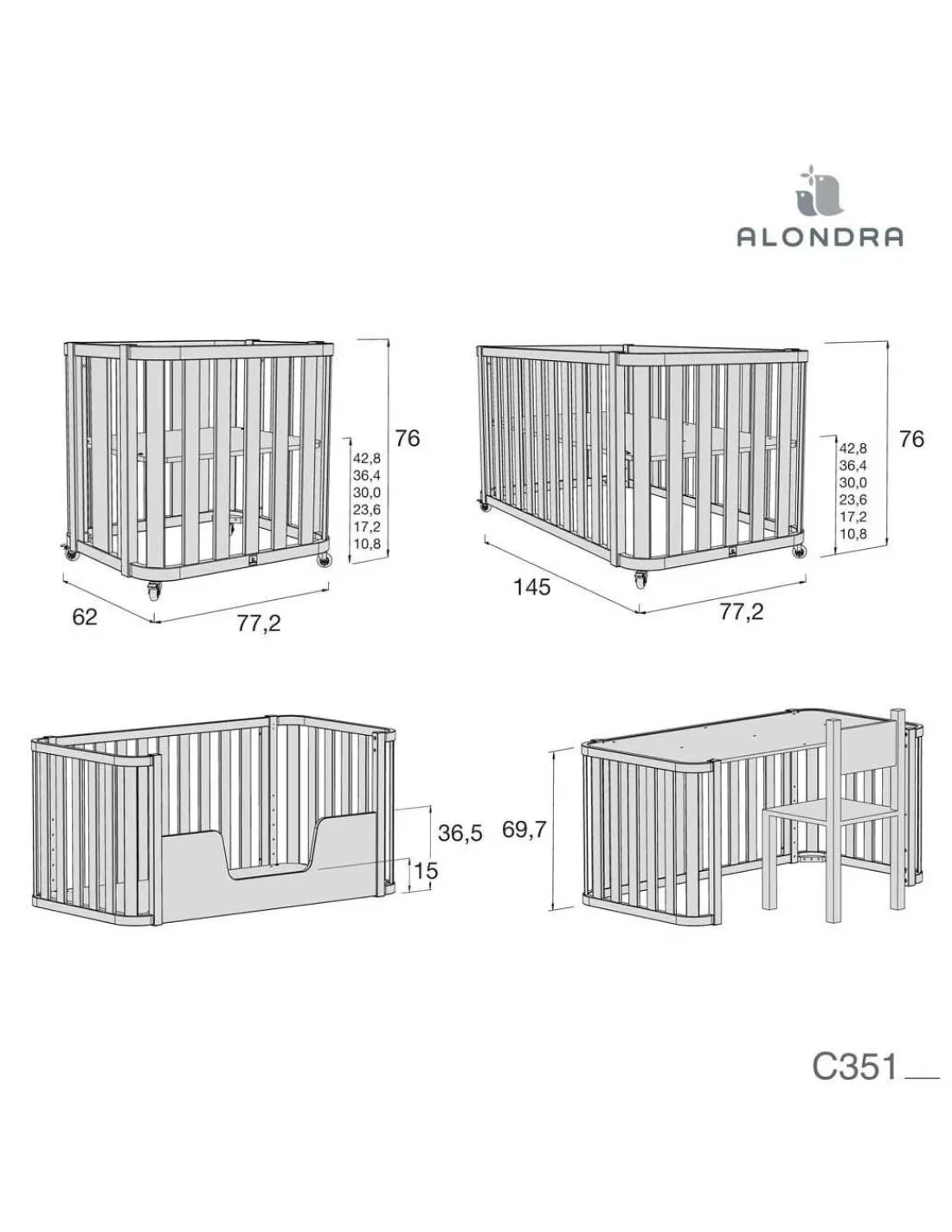 Alondra Minicuna Colecho evolutiva CREA PLUS TRE (4 en 1) Madera/Verde de