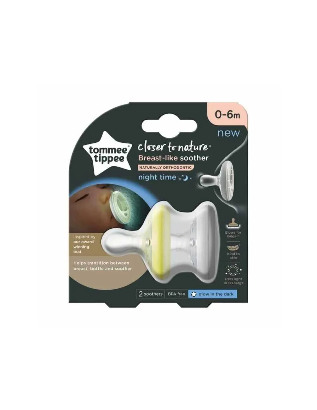 Tommee Tippee Pack 2 Chupetes Forma de Pecho Night Time